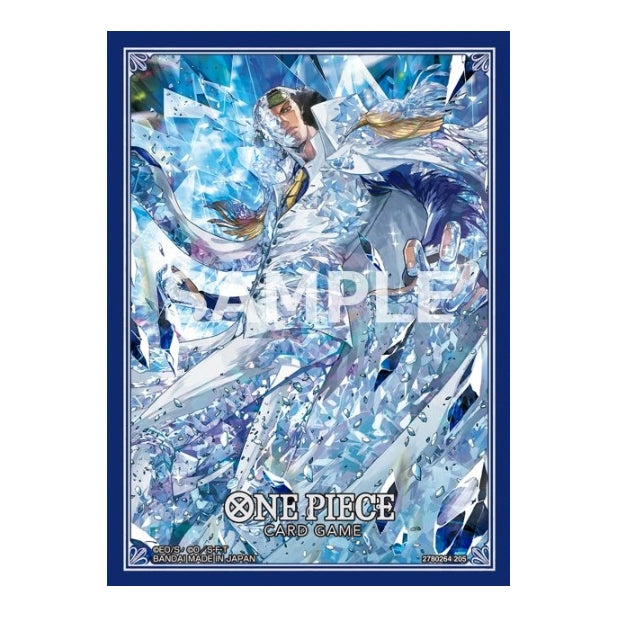 One Piece Card Game Vol. 11 protective sleeves featuring Aokiji Kuzan surrounded by blue ice shards and a dark blue border.