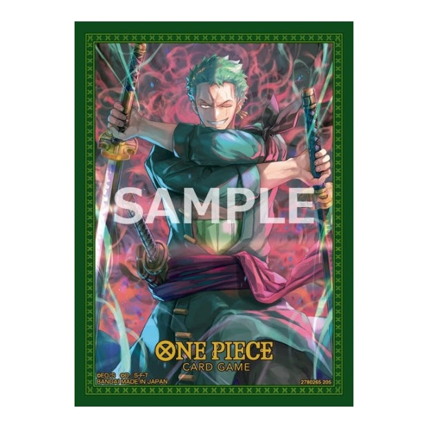 One Piece Card Game Vol. 11 protective sleeve featuring Roronoa Zoro with swords and a green patterned border.