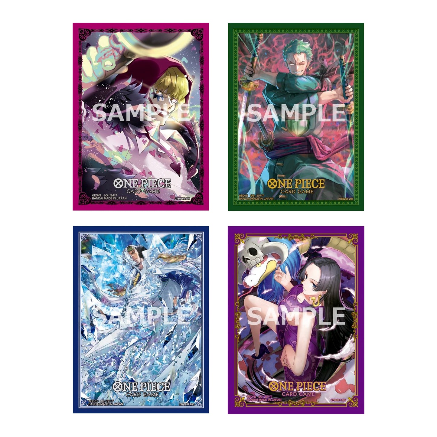 Four packs of One Piece Card Game sleeves featuring colorful anime character illustrations and protective PP material.