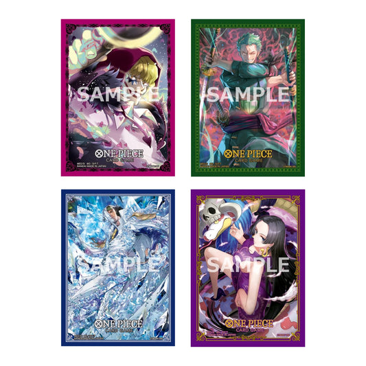 Four packs of One Piece Card Game sleeves featuring colorful anime character illustrations and protective PP material.