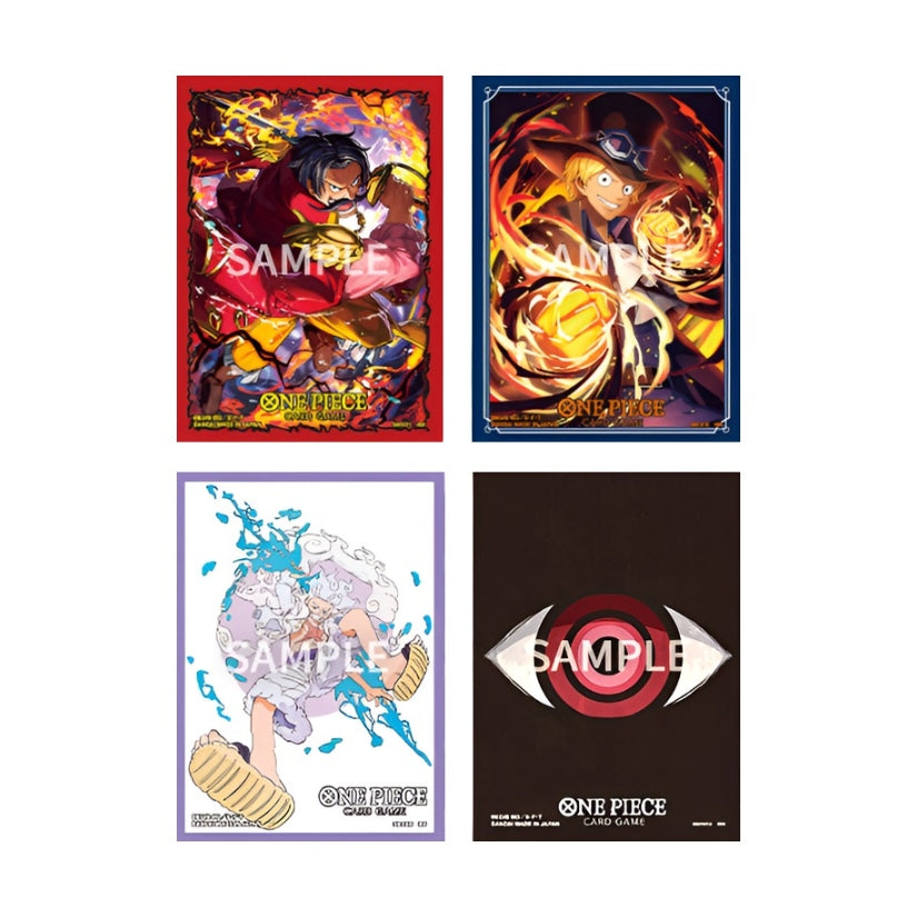 Four packs of One Piece Card Game sleeves featuring colorful character illustrations and a central eye design.