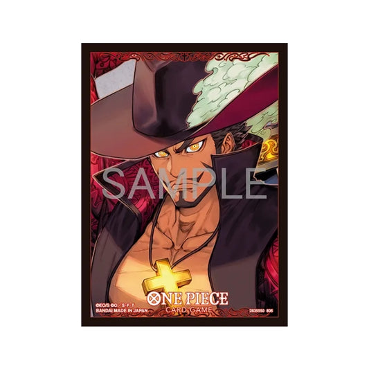 One Piece Card Game Vol. 13 protective sleeve featuring Dracule Mihawk with a dark red and black design.