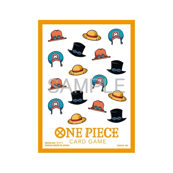 One Piece Card Game Vol. 13 sleeves featuring a pattern of iconic character hats and the official logo on a yellow border.