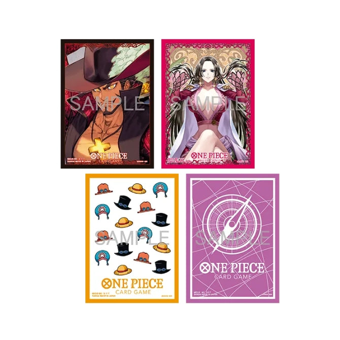 Four packs of One Piece Card Game sleeves featuring Mihawk, Boa Hancock, character icons, and a purple compass design.