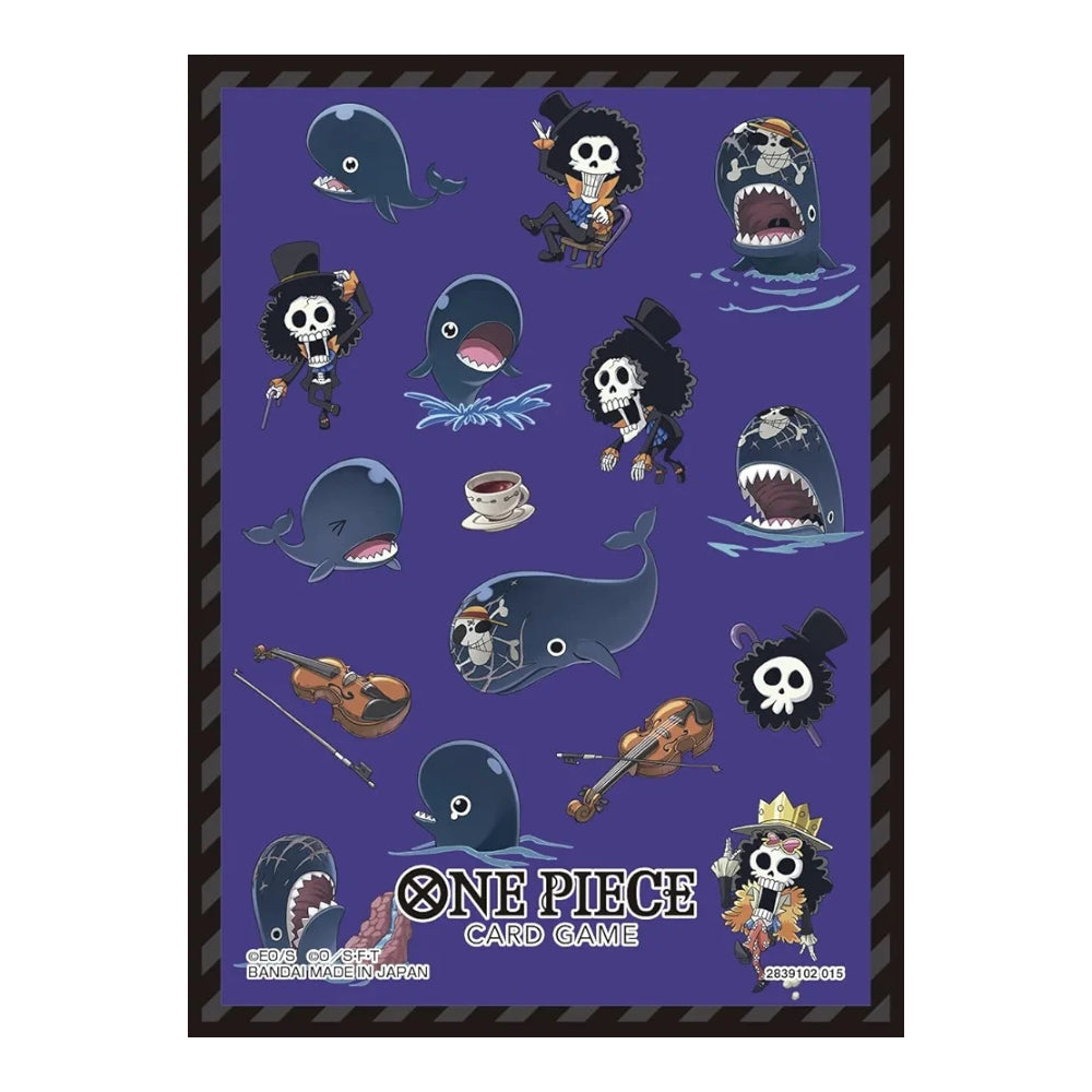 One Piece Card Game Vol. 14 sleeves featuring Brook and Laboon illustrations on a purple background with a striped border.