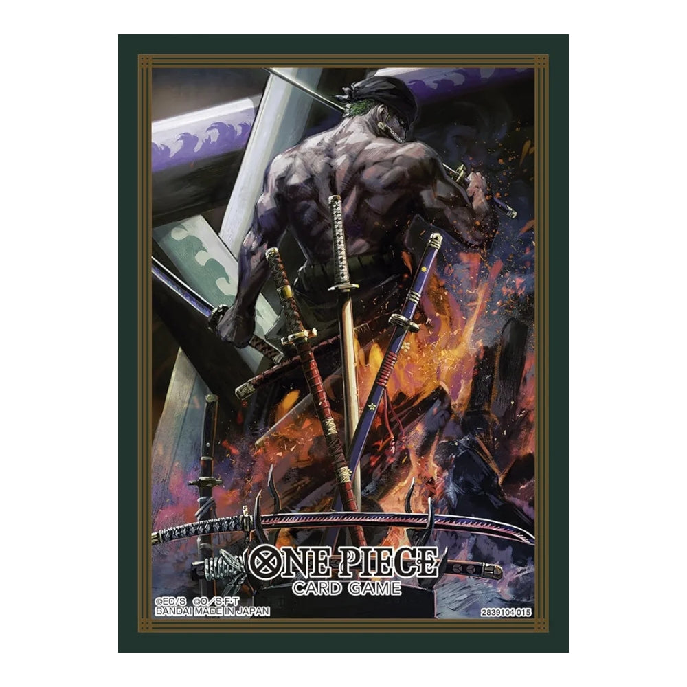 One Piece Card Game Vol. 14 protective sleeve featuring Roronoa Zoro with his swords against a fiery, dark background.