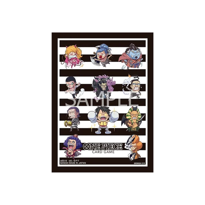 One Piece Card Game Vol. 15 protective sleeves featuring chibi-style character illustrations on a black and white striped background.