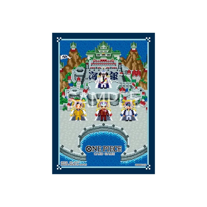 One Piece Card Game Vol. 15 sleeves featuring pixel art of Marine Admirals and Marineford headquarters.