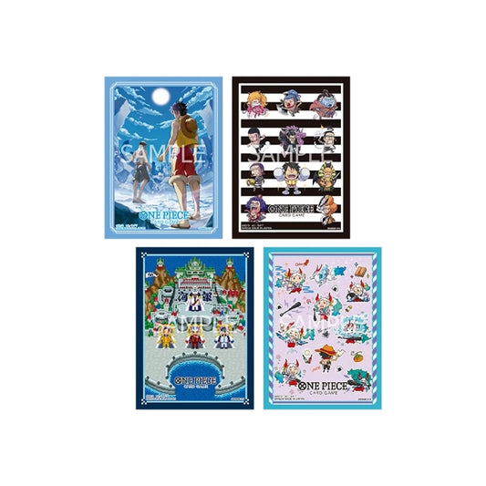 Four packs of One Piece Card Game sleeves featuring colorful anime character illustrations and pixel art designs.