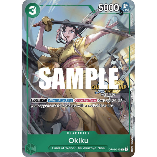 Okiku - CS 2023 Celebration Pack card featuring a woman in a yellow kimono wielding a katana.