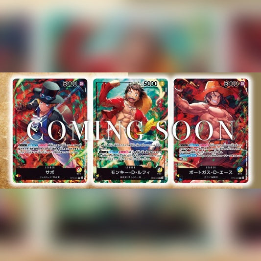Sealed Japanese One Piece 3 Brothers promo card set featuring Sabo, Luffy, and Ace with vibrant red and green artwork.