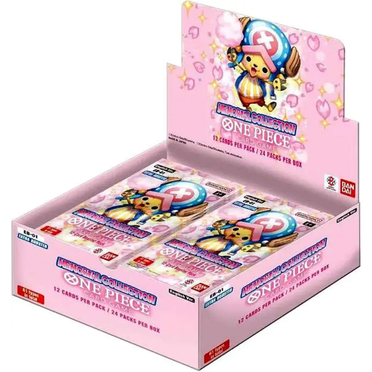 Pink One Piece TCG Memorial Collection booster box with Chopper art, holding 24 packs.