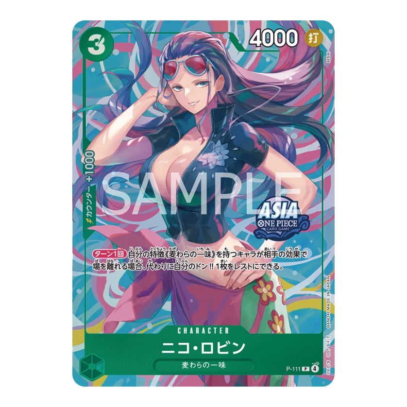 Japanese One Piece Card Game promo card featuring Nico Robin with colorful pink and teal abstract background art.
