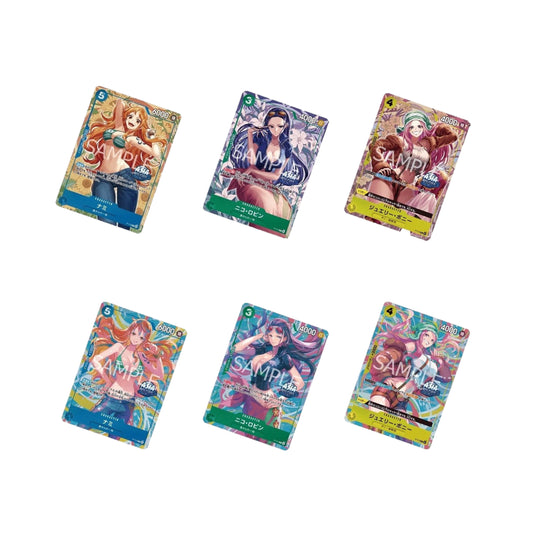 Six Japanese One Piece promo cards featuring Nami, Nico Robin, and Jewelry Bonney with colorful character artwork.