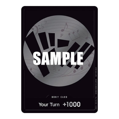 One Piece Strawhat Crew Don! card featuring a black design with a silver circular musical motif and +1000 power text.