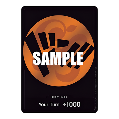 One Piece Strawhat Crew Don!! card featuring a black background with a large orange circular emblem and text.