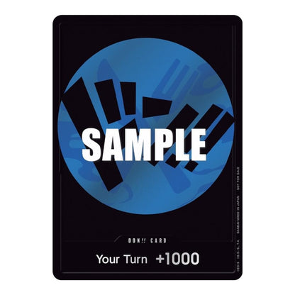 One Piece Card Game Don! card featuring a blue circular design with black accents and +1000 power text on a black background.