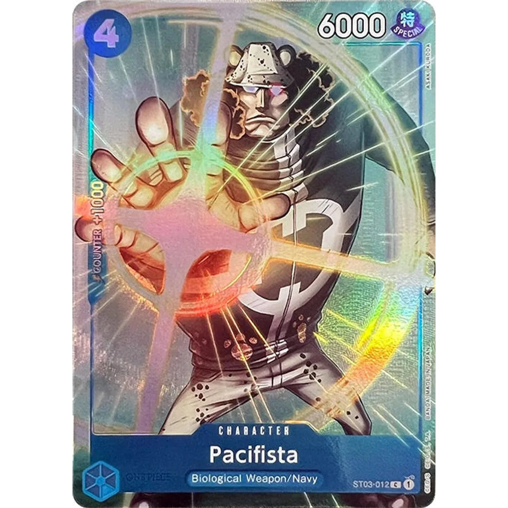 Holographic Pacifista ST03-012 One Piece trading card with a character illustration and game stats.