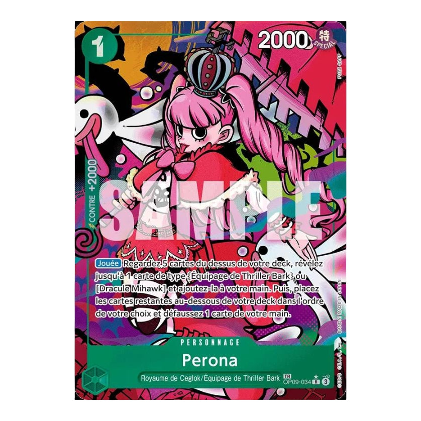 Carte One Piece Perona OP09-034 Treasure Rare française avec illustration colorée de style manga et texte en français.