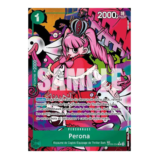 Carte One Piece Perona OP09-034 Treasure Rare française avec illustration colorée de style manga et texte en français.