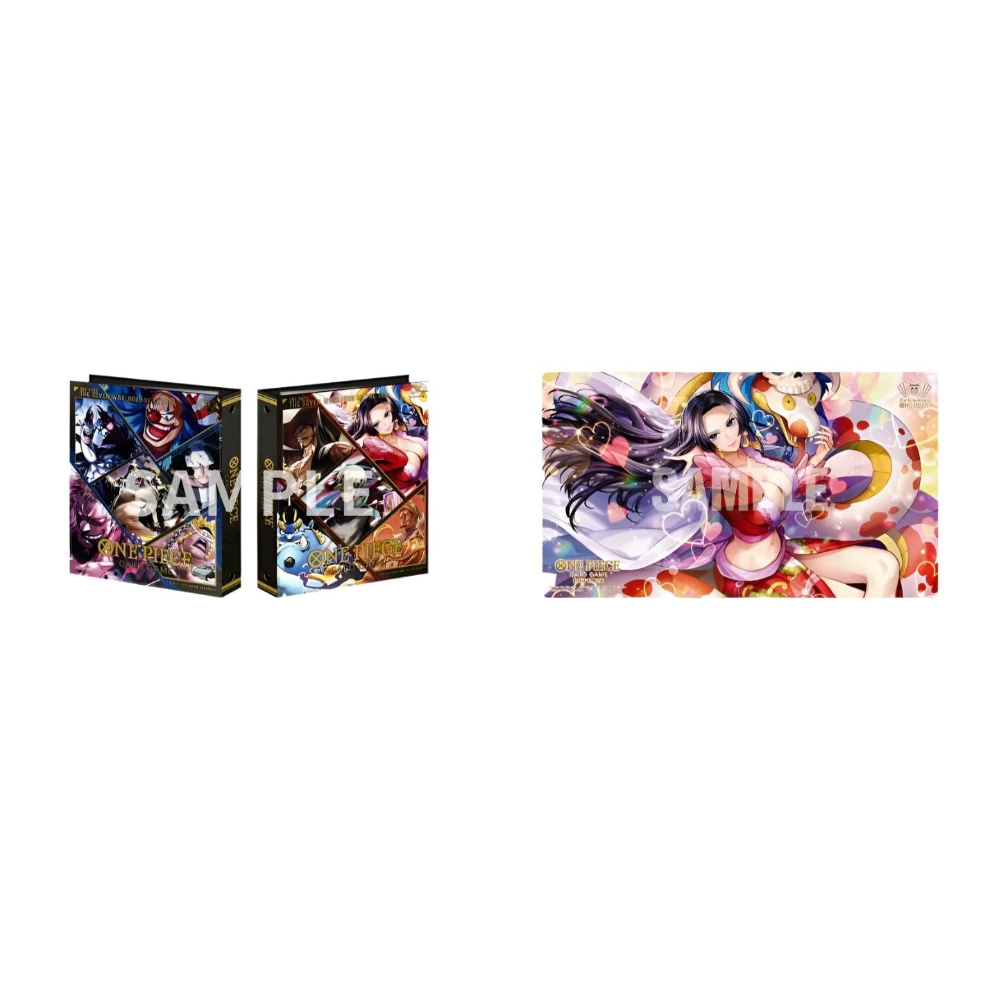 One Piece 2nd Anniversary set featuring a Seven Warlords 9-pocket binder and a colorful Boa Hancock playmat.