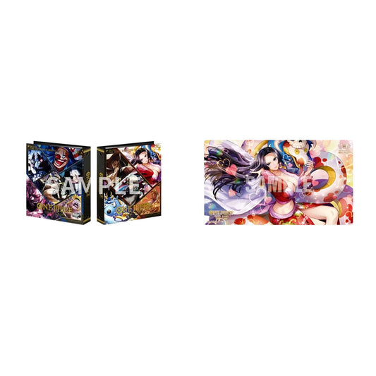 One Piece 2nd Anniversary set featuring a Seven Warlords 9-pocket binder and a colorful Boa Hancock playmat.