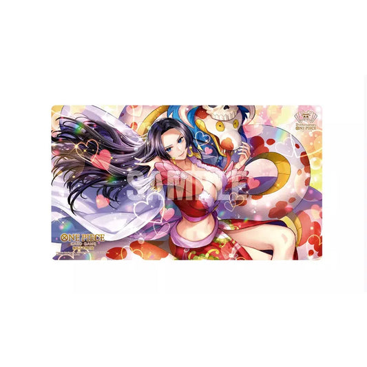 One Piece 2nd Anniversary Boa Hancock rubber playmat, 33x61cm, featuring vibrant anime art with hearts and her snake Salome.