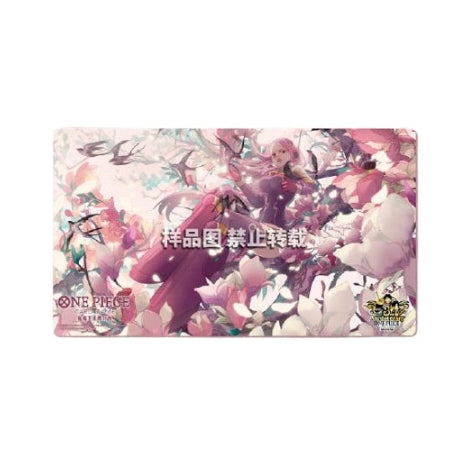 Jewelry Bonney rubber playmat, 33x61cm, featuring pink floral artwork and One Piece 3rd Anniversary branding.