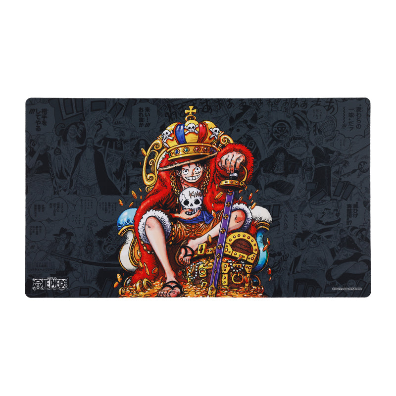 One Piece Luffy JUMP Fest rubber playmat featuring a colorful illustration of Luffy on a throne over a manga panel background.