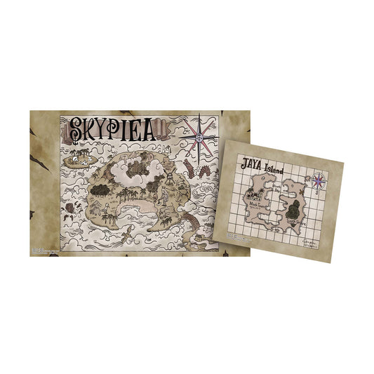One Piece Skypiea and Jaya island map playmat in vintage parchment style with detailed nautical illustrations.