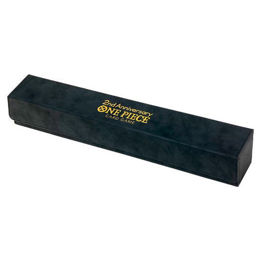 Black One Piece Card Game 2nd Anniversary storage box with gold logo lettering, featuring a sleek, durable design.