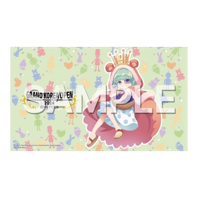 One Piece Card Game playmat featuring Sugar on a light green background with a repeating pattern of colorful toys.