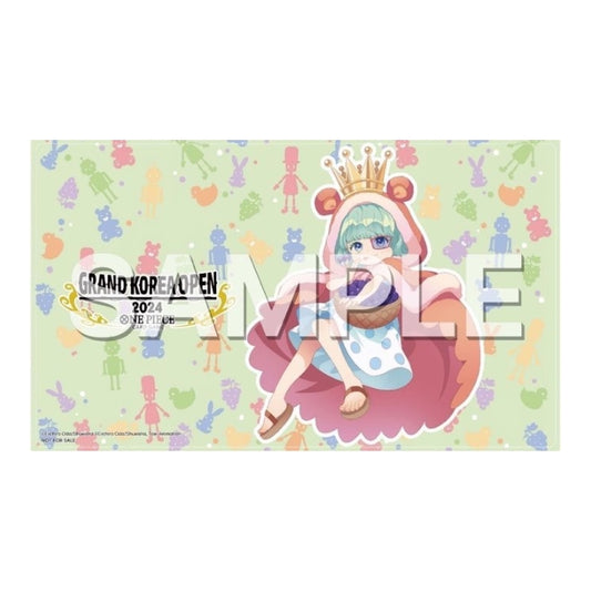One Piece Card Game playmat featuring Sugar on a light green background with a repeating pattern of colorful toys.