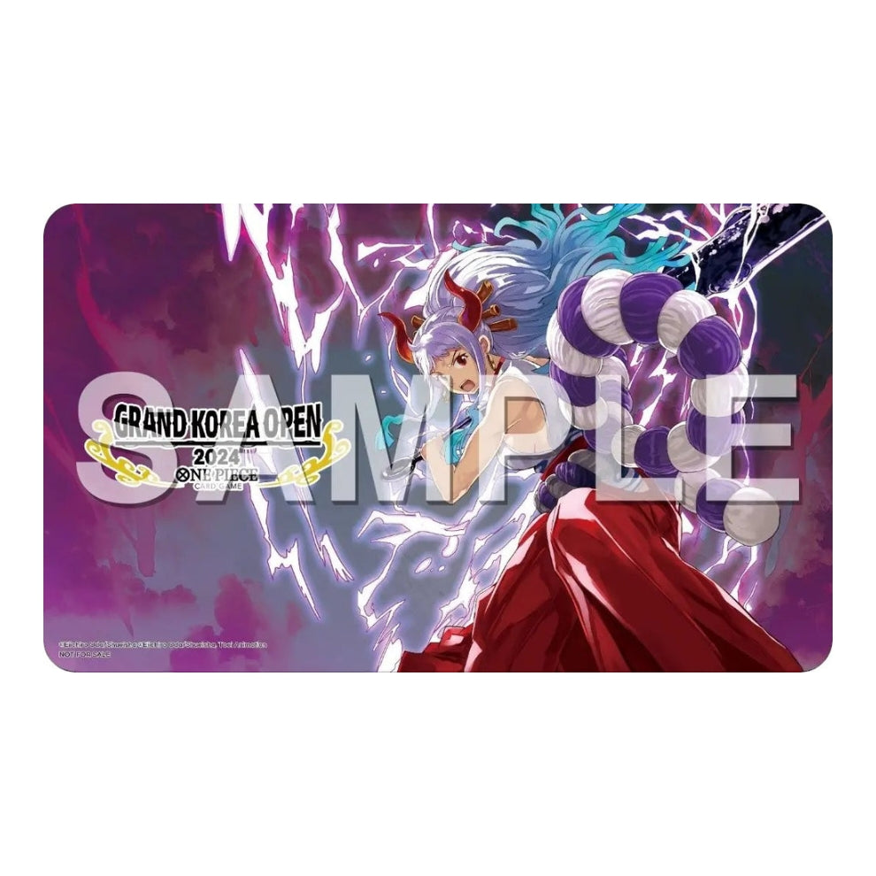 Yamato One Piece playmat featuring purple lightning and Grand Korea Open 2024 branding on a durable rubber surface.