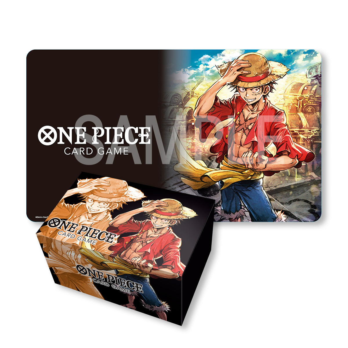 One Piece Card Game playmat and storage box set featuring Luffy. Black polyester/rubber mat, cardboard box.