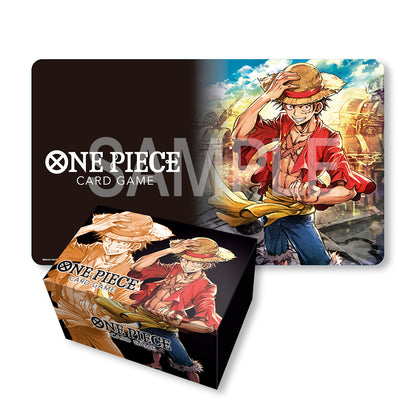 One Piece Card Game playmat and storage box set featuring Luffy. Black polyester/rubber mat, cardboard box.