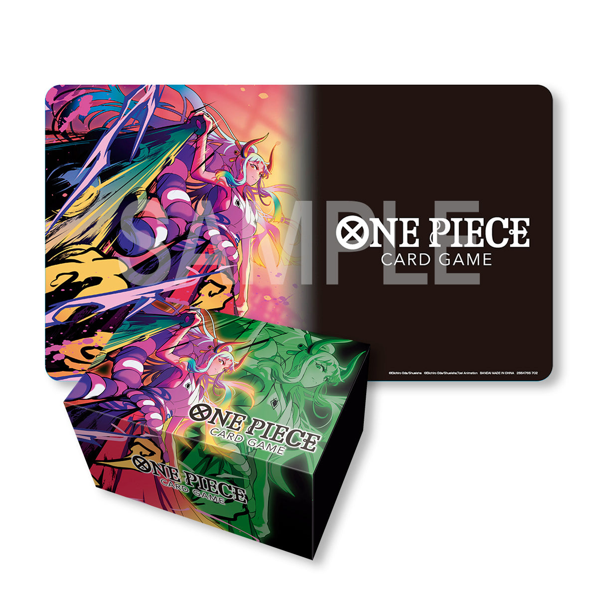 One Piece Card Game playmat and storage box set featuring colorful anime art and logo.