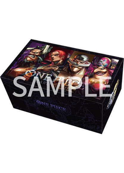 One Piece Card Game storage box with colorful character art and logo, black coated cardboard.