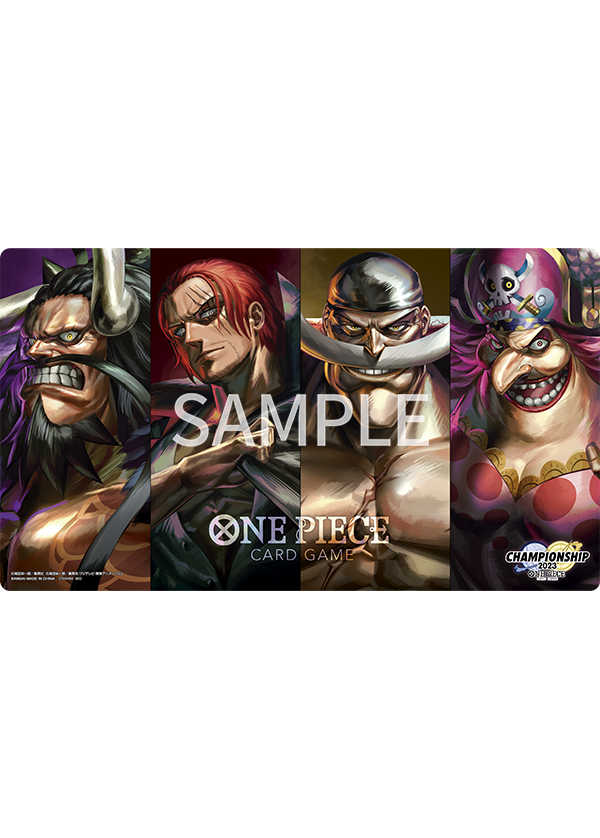 One Piece Card Game playmat featuring Kaido, Shanks, Whitebeard, and Big Mom, with "SAMPLE" watermark.