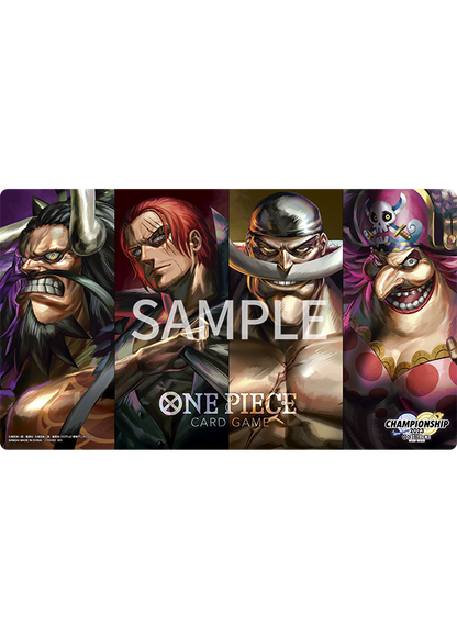 One Piece Card Game playmat featuring Kaido, Shanks, Whitebeard, and Big Mom, with "SAMPLE" watermark.