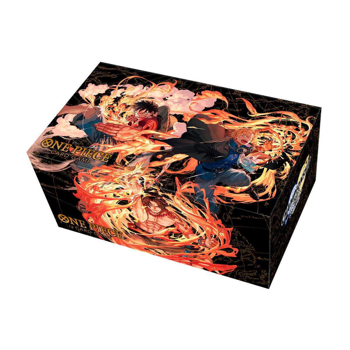 One Piece Card Game storage box, black with fiery anime characters Ace, Sabo, and Luffy.
