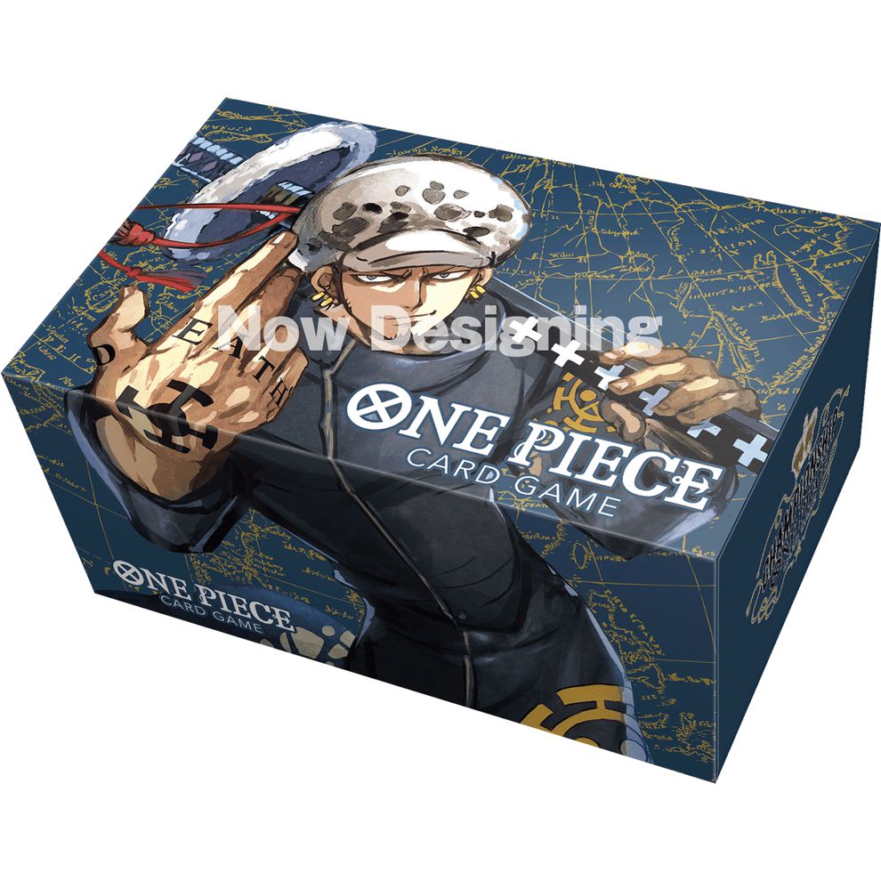 One Piece Card Game storage box featuring Trafalgar Law on a dark blue map background.