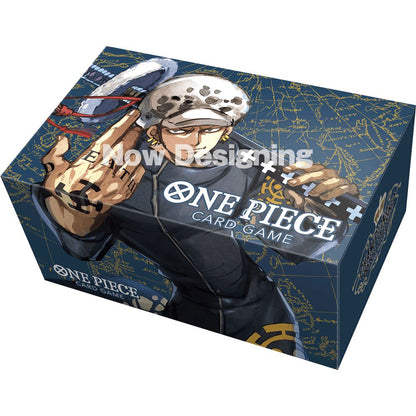 One Piece Card Game storage box featuring Trafalgar Law on a dark blue map background.