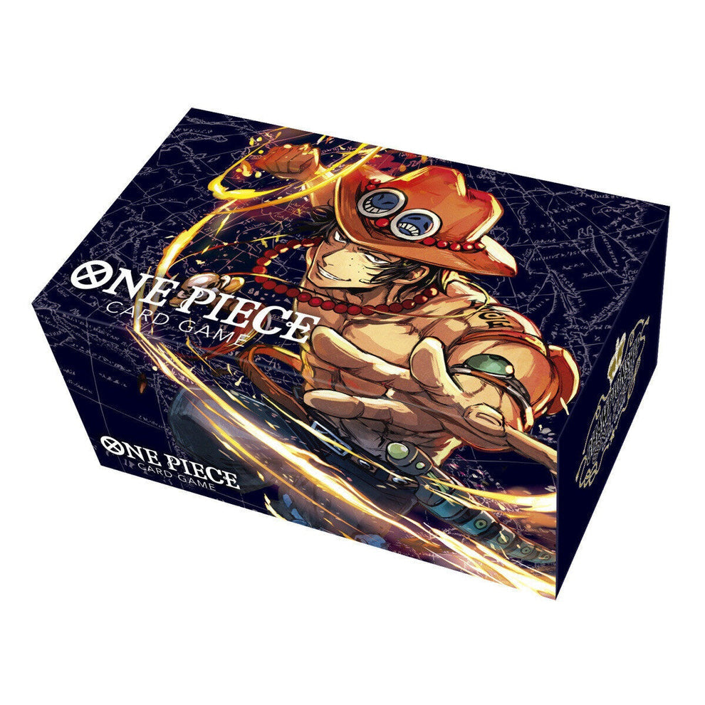 One Piece Card Game storage box featuring Portgas D. Ace on a dark blue map background.
