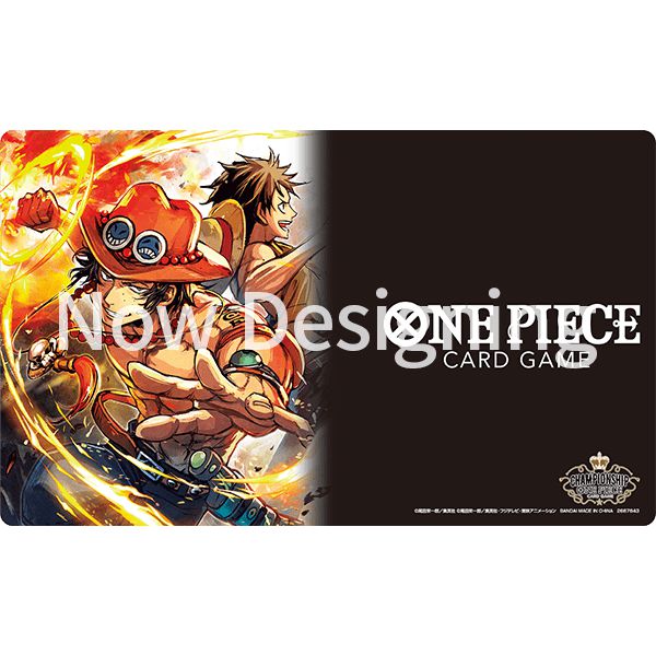 One Piece Card Game playmat featuring Ace and Luffy on a fiery background, with a black section for the game logo.