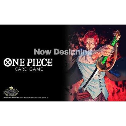 One Piece Card Game playmat featuring Shanks with a sword, black background, and "Now Designing" text.