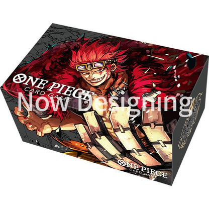 One Piece Card Game storage box featuring red-haired Kid, black background, and "Now Designing" watermark.