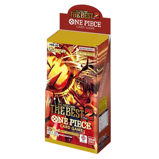 One Piece Card Game The Best Vol. 2 booster box featuring vibrant red and gold packaging with Monkey D. Luffy illustration.