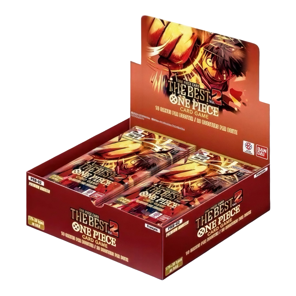 One Piece Card Game PRB-02 Premium Booster display box featuring red branding and Luffy artwork on two internal card packs.