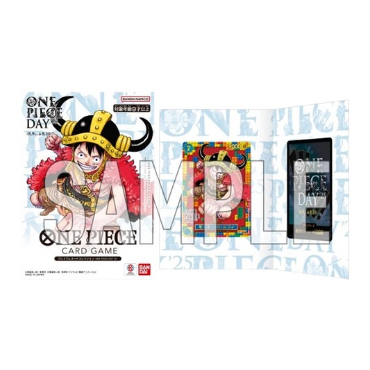 Sealed One Piece Day '25 Premium Card Collection featuring a vibrant Monkey D. Luffy promo card and branded folder.